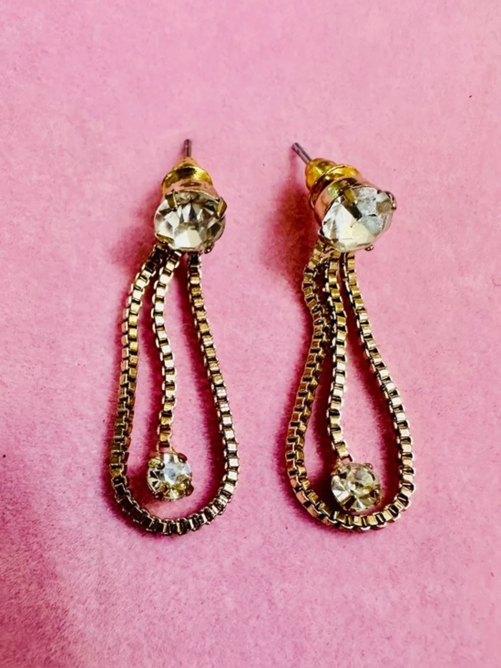 Gold Tone Rhinestone Teardrop Dangle Earrings - Picture 1 of 2